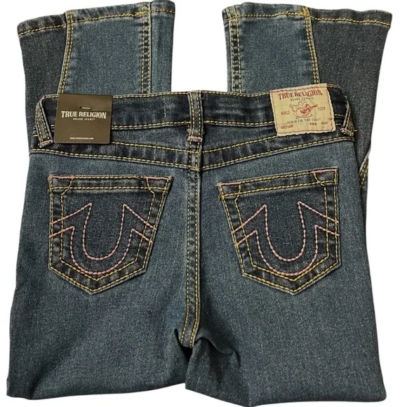True Religion Girls Joey Flare Jeans high rise Pink Stitching Size 5 NWT